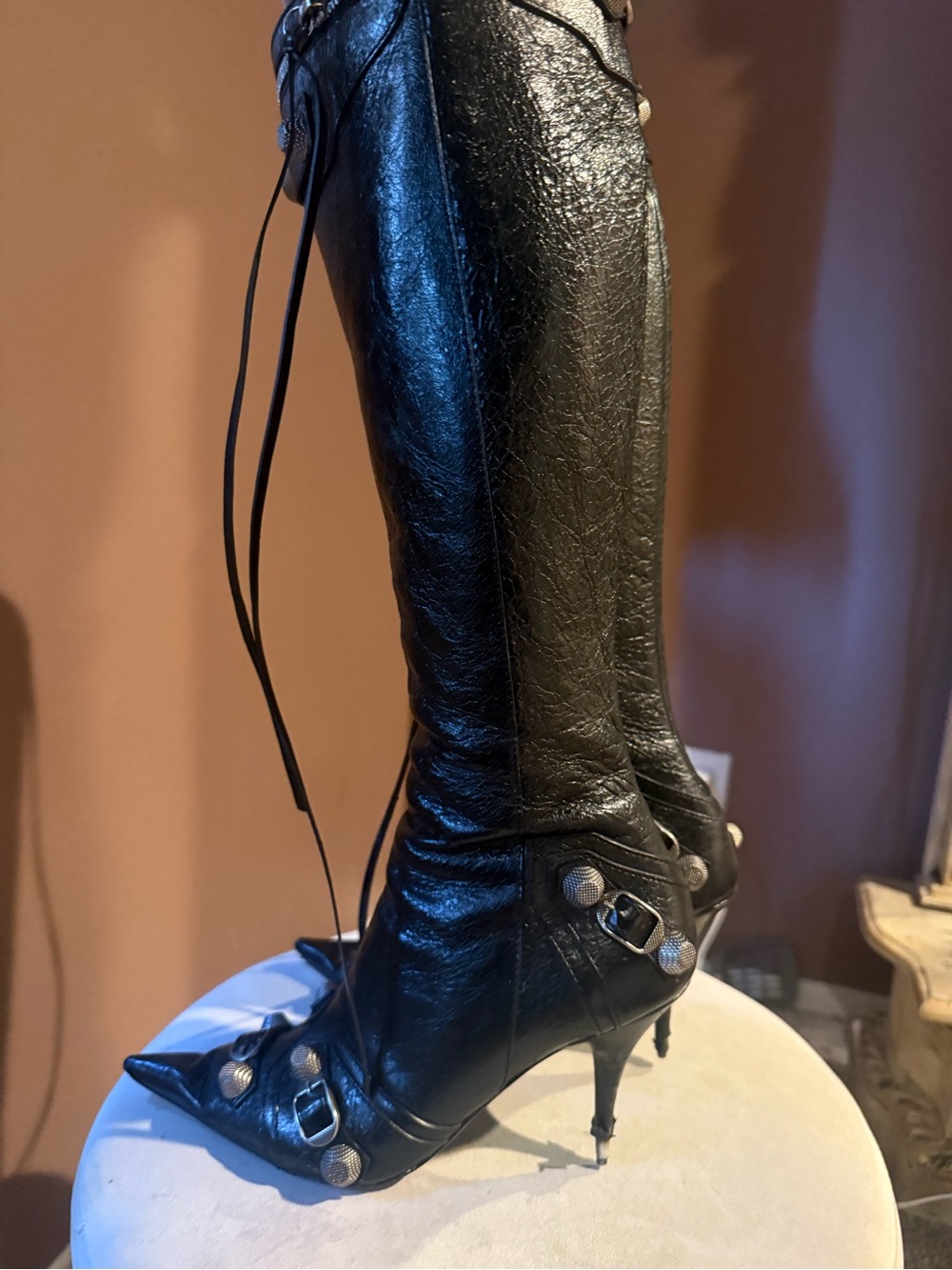 Balenciaga Black Leather Over-the-Knee Pointed Toe Boots